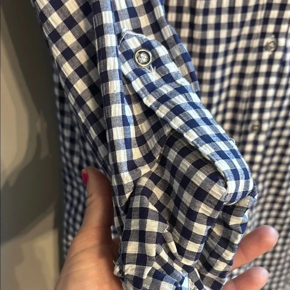Kut From The Kloth Navy Gingham Print Button-up Roll Tab Sleeve Shirt sm - Picture 3 of 5